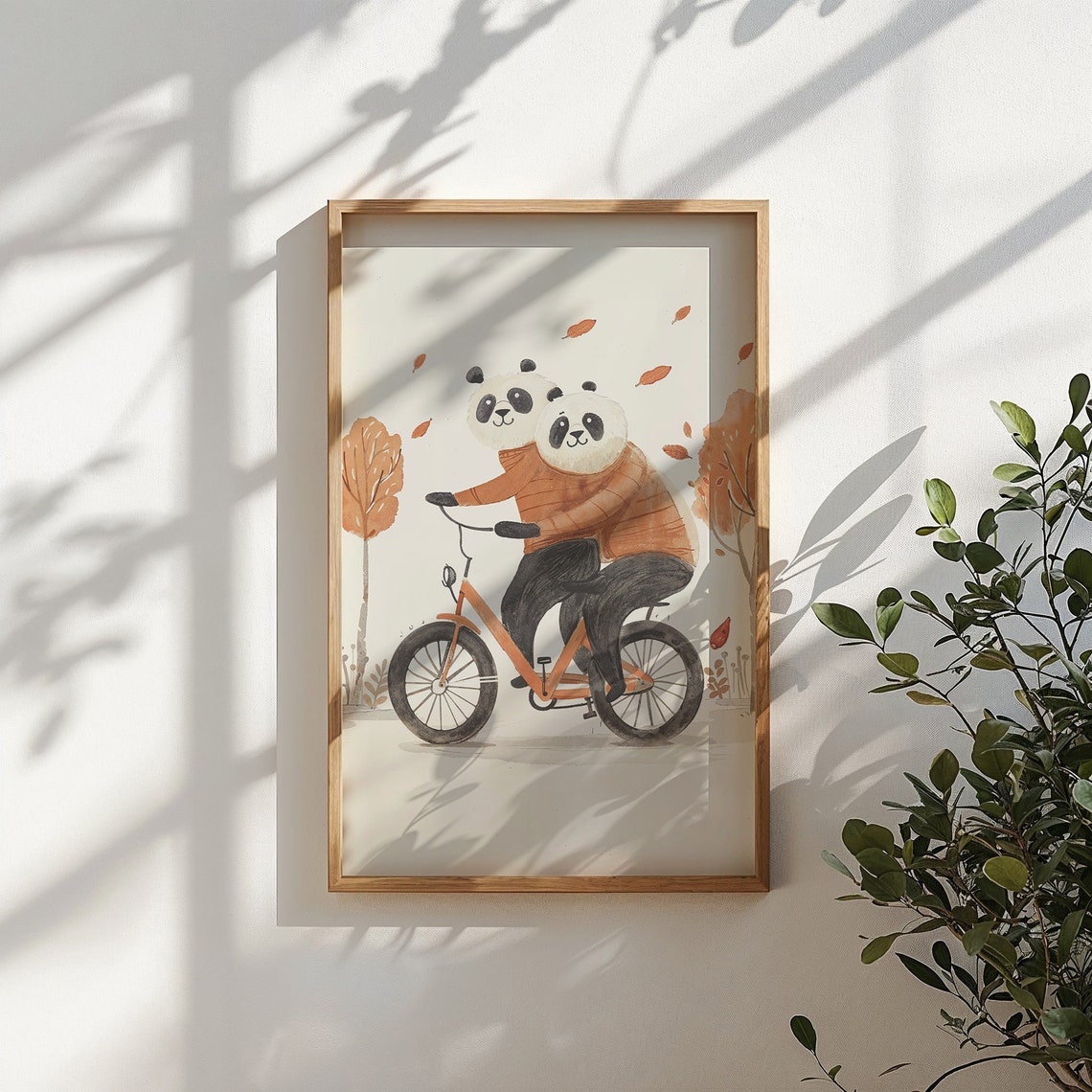 Two Pandas Riding Bicycle In Autumn Trees Watercolor Nursery Poster - Image 6