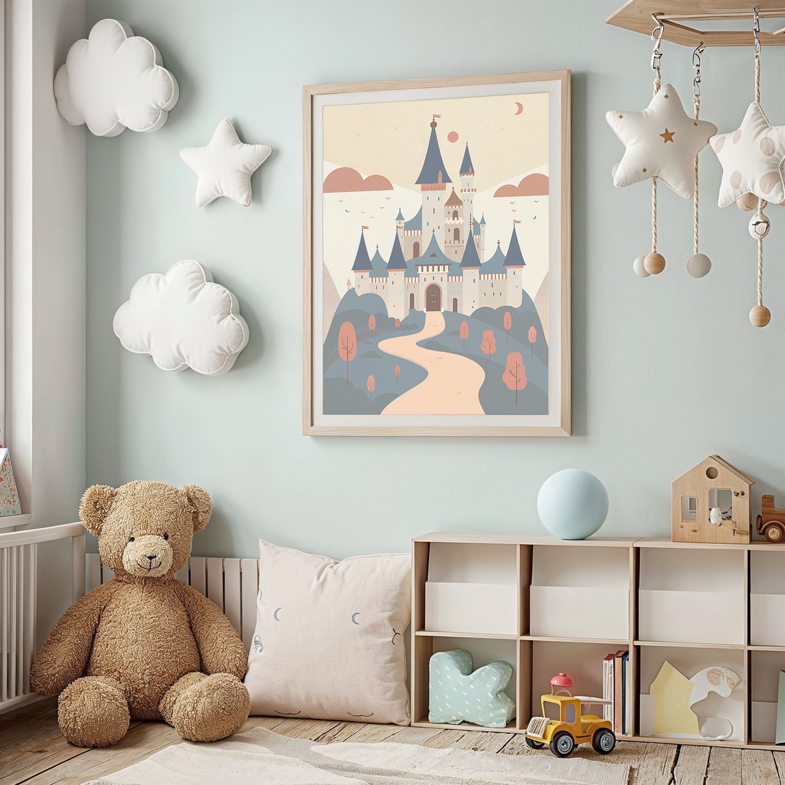 Enchanted Castle On Hill Pink Trees Winding Path Neutral Kids Poster - Image 3