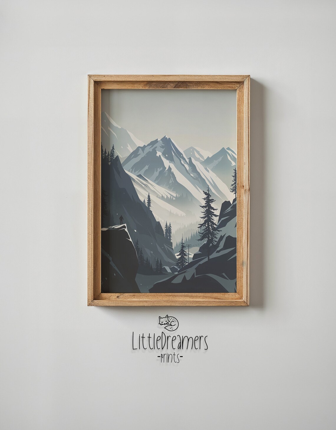 Snowy Mountain Valley Lone Hiker Misty Blue Winter Travel Poster - Image 4