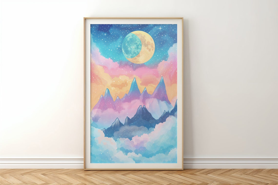 Pastel Moonlit Mountain Peaks Under Dreamy Starry Night Sky Poster - Image 6