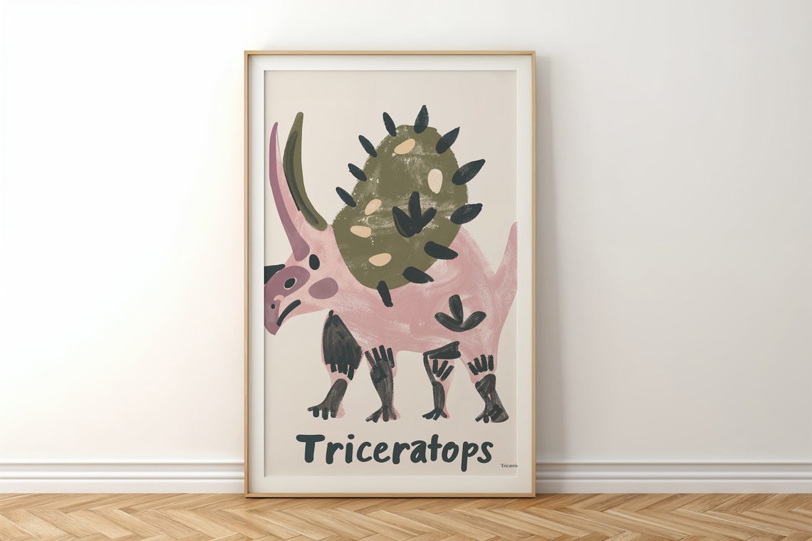 Triceratops Abstract Pink Green Dinosaur Educational Nursery Poster - Image 4