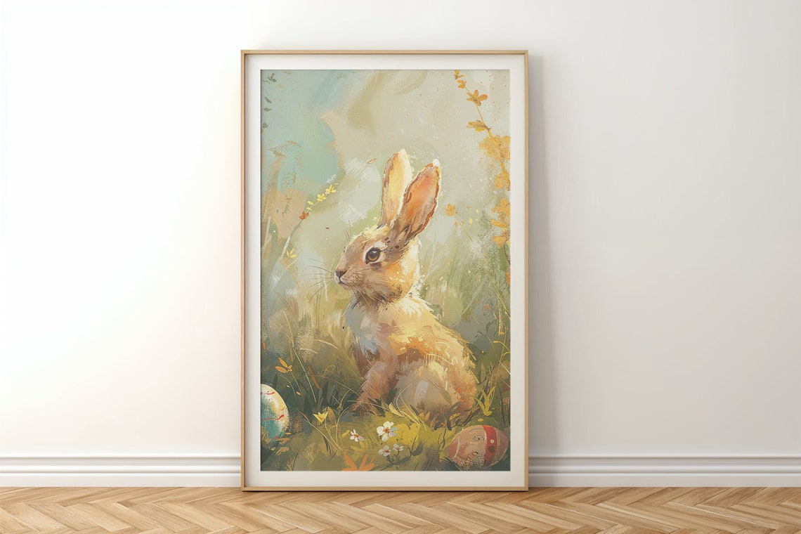Golden Bunny Profile Painterly Spring Meadow Painted Egg Kids Poster - Image 6