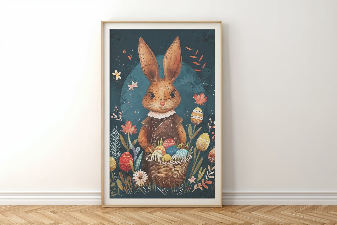 Brown Bunny Dress Collar Egg Basket Night Garden Storybook Poster - Image 6