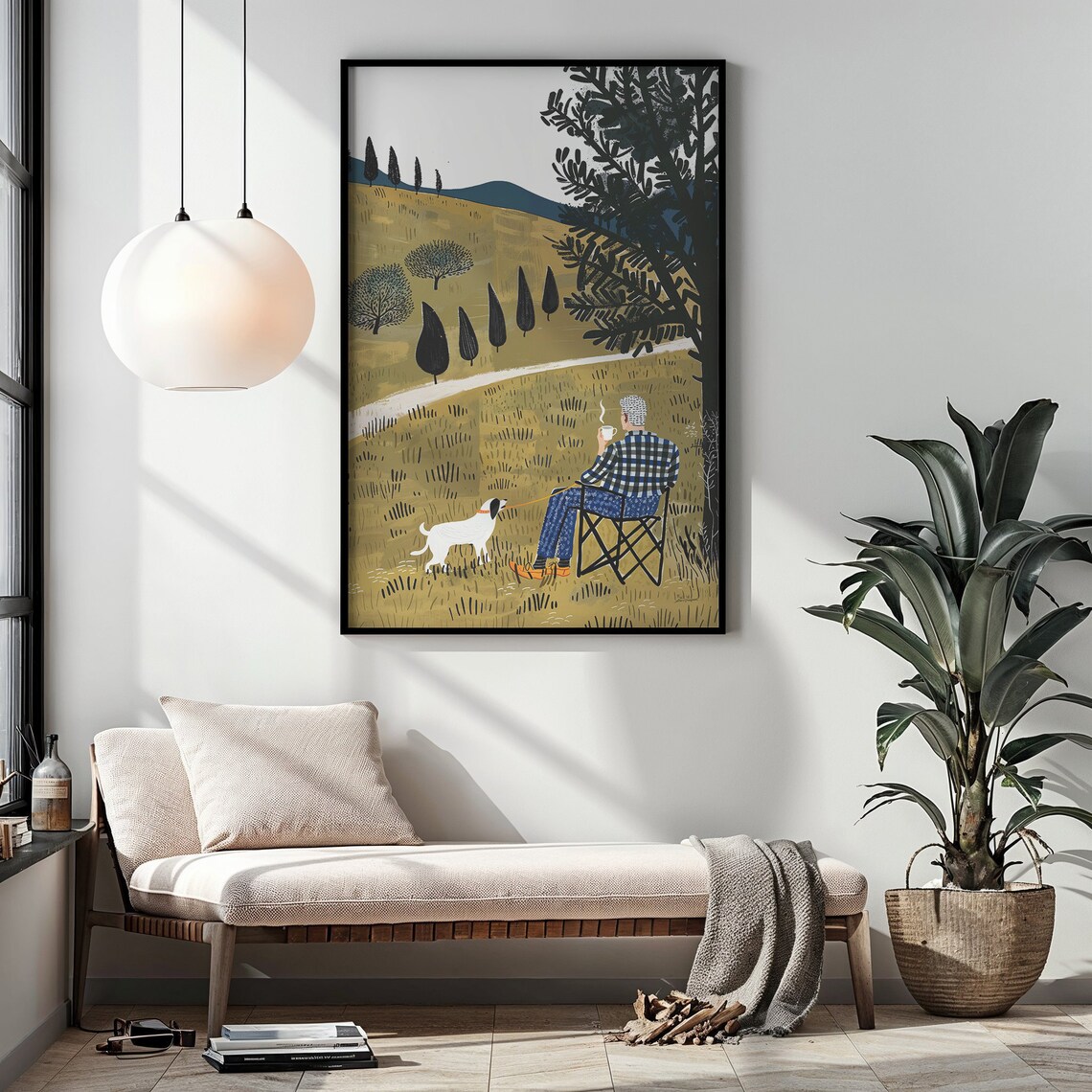 Elderly Man Coffee Dog Golden Field Cypress Trees Calm Wall Poster - Image 5
