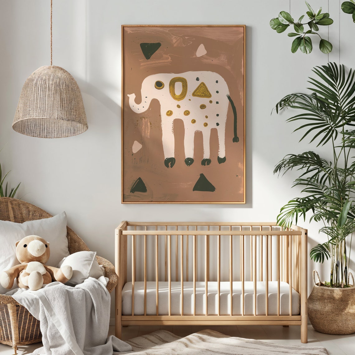 Abstract White Elephant Gold Geometric Terracotta Safari Wall Poster - Image 3