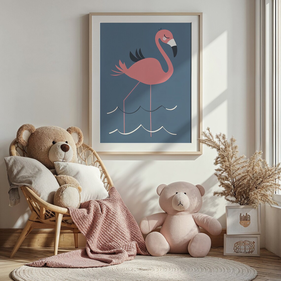 Pink Flamingo Standing In Waves Navy Blue Nursery Wall Art Poster - Image 4