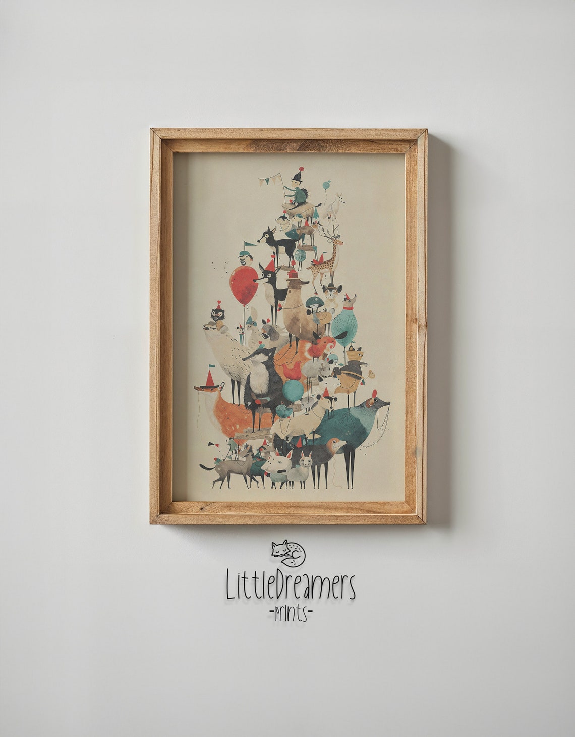 Whimsical Stacked Animals Tower Party Hats Vintage Kids Poster - Image 2