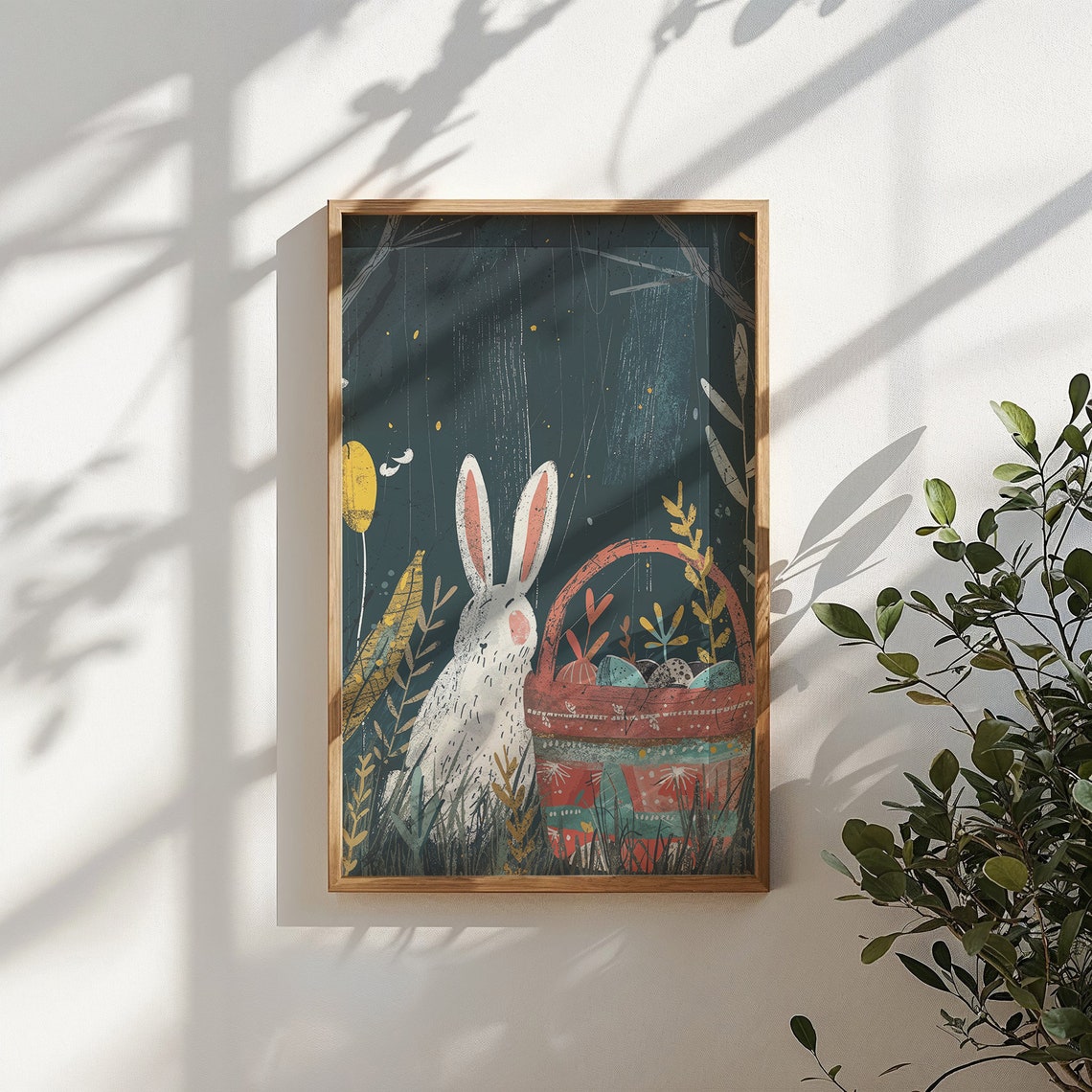 White Bunny Red Easter Basket Dark Forest Golden Leaves Poster - Image 5