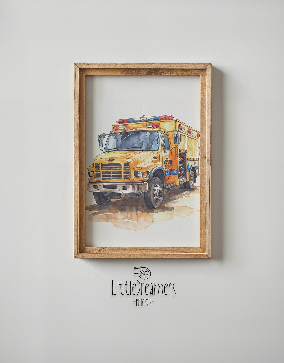Yellow Watercolor Fire Truck Front View Kids Room Emergency Poster - Image 5