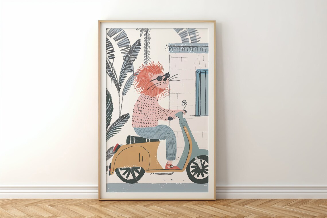 Cool Lion Riding Scooter Nursery Poster Sunglasses Playful Kids Art - Image 6