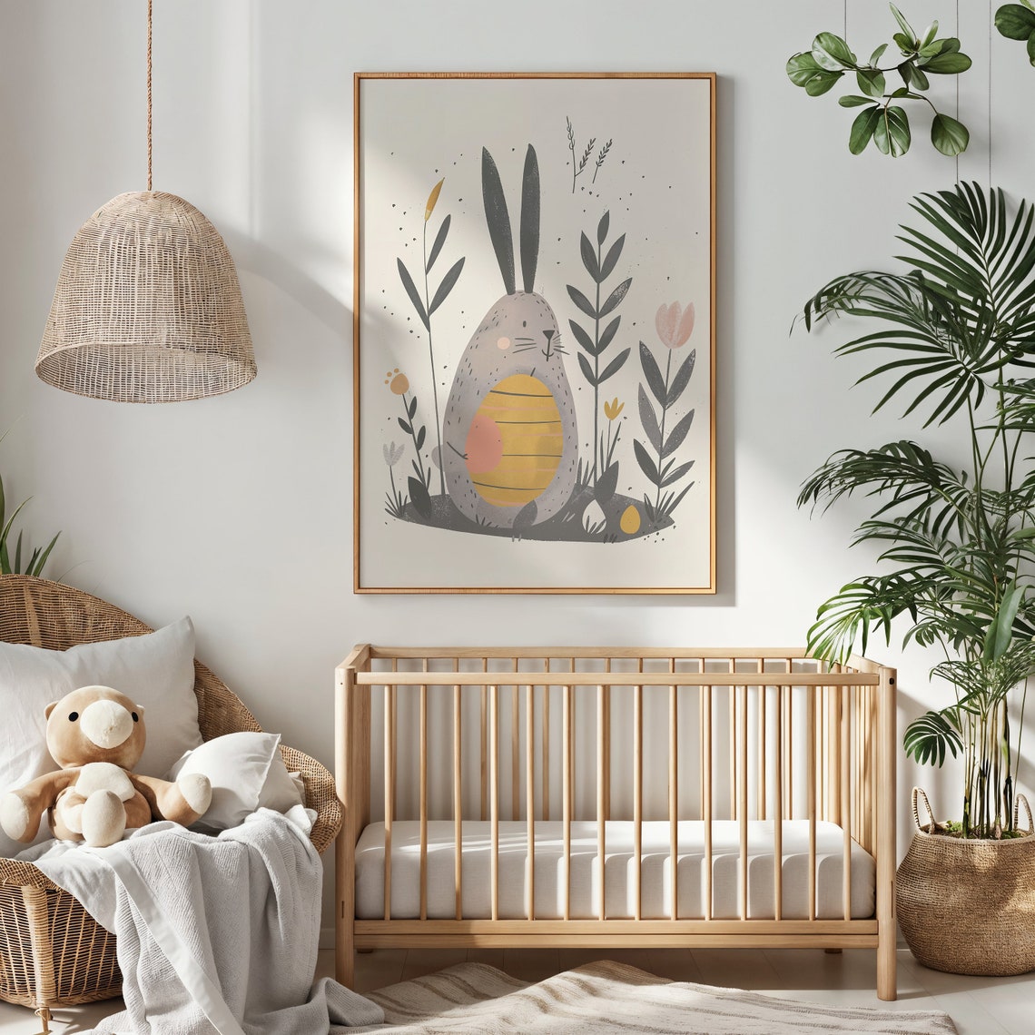 Gray Bunny Hugging Big Easter Egg Scandinavian Kids Room Poster - Image 3