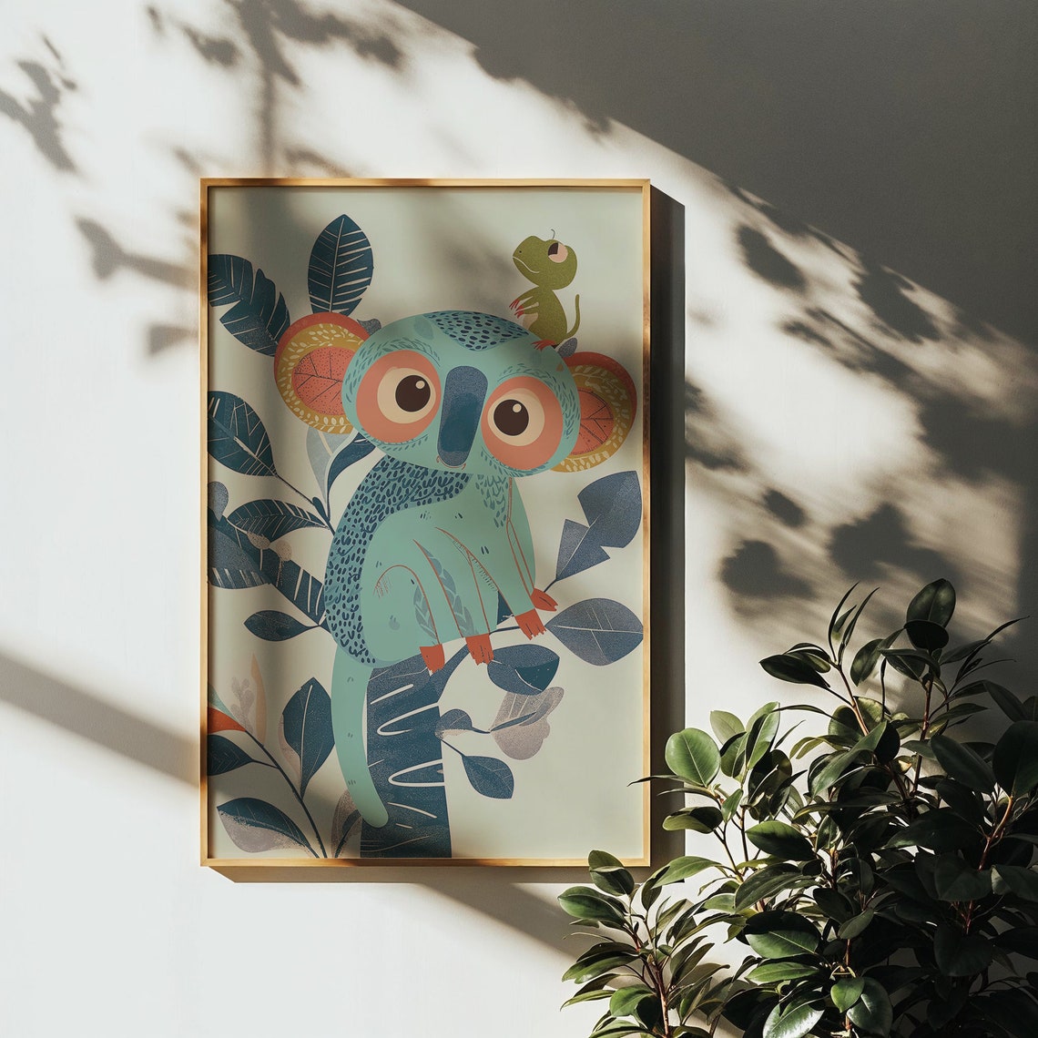 Big Eyed Teal Tarsier With Baby Jungle Leaves Nursery Poster - Image 5