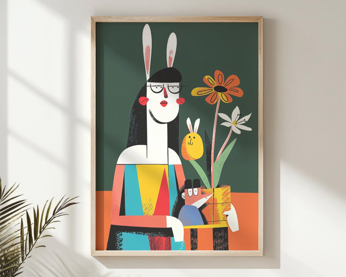 Abstract Bunny Mom With Baby Flowers Bold Modern Kids Poster