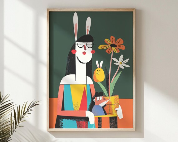 Abstract Bunny Mom With Baby Flowers Bold Modern Kids Poster