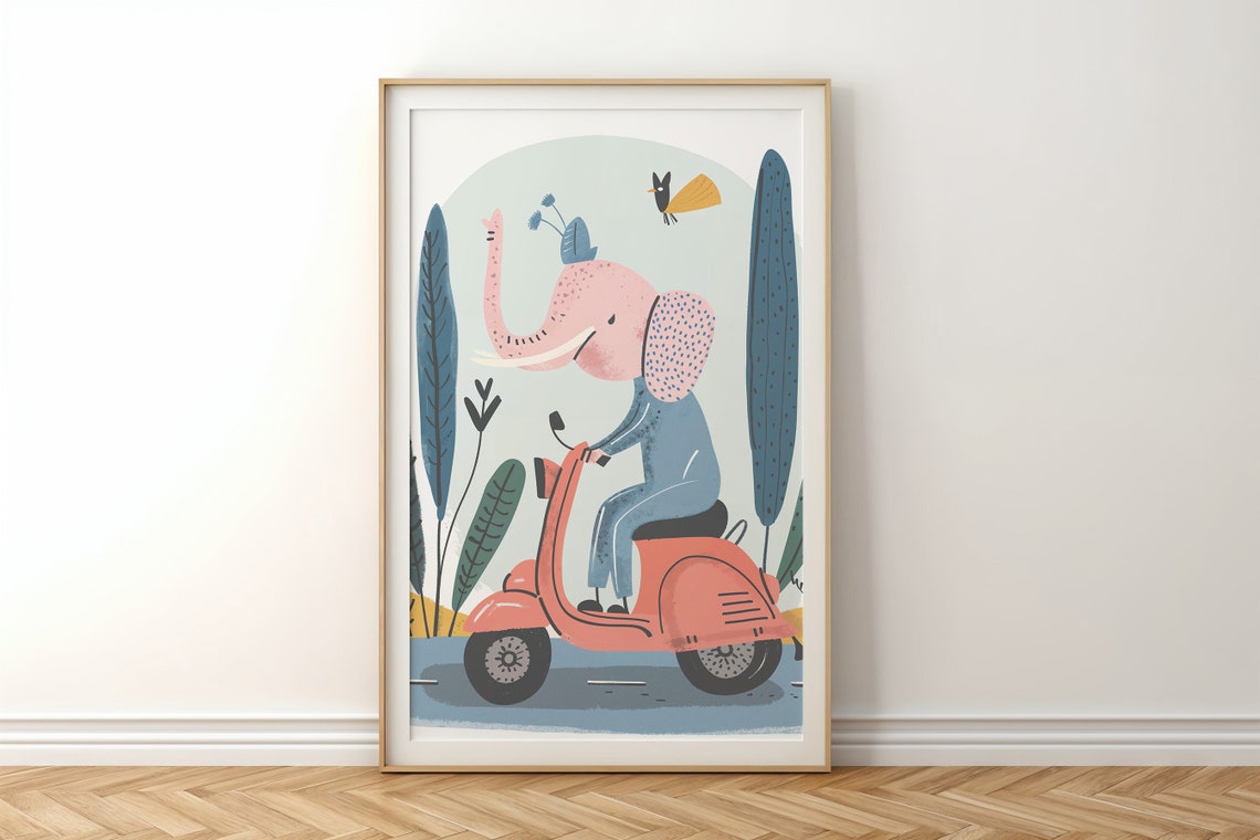 Elephant Riding Red Scooter Nursery Poster Playful Kids Bedroom Art - Image 4