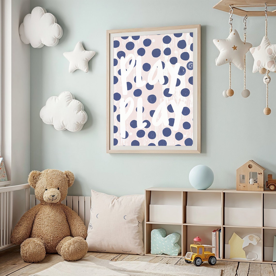 Play Play White Script Navy Polka Dot Kids Room Nursery Print - Image 2