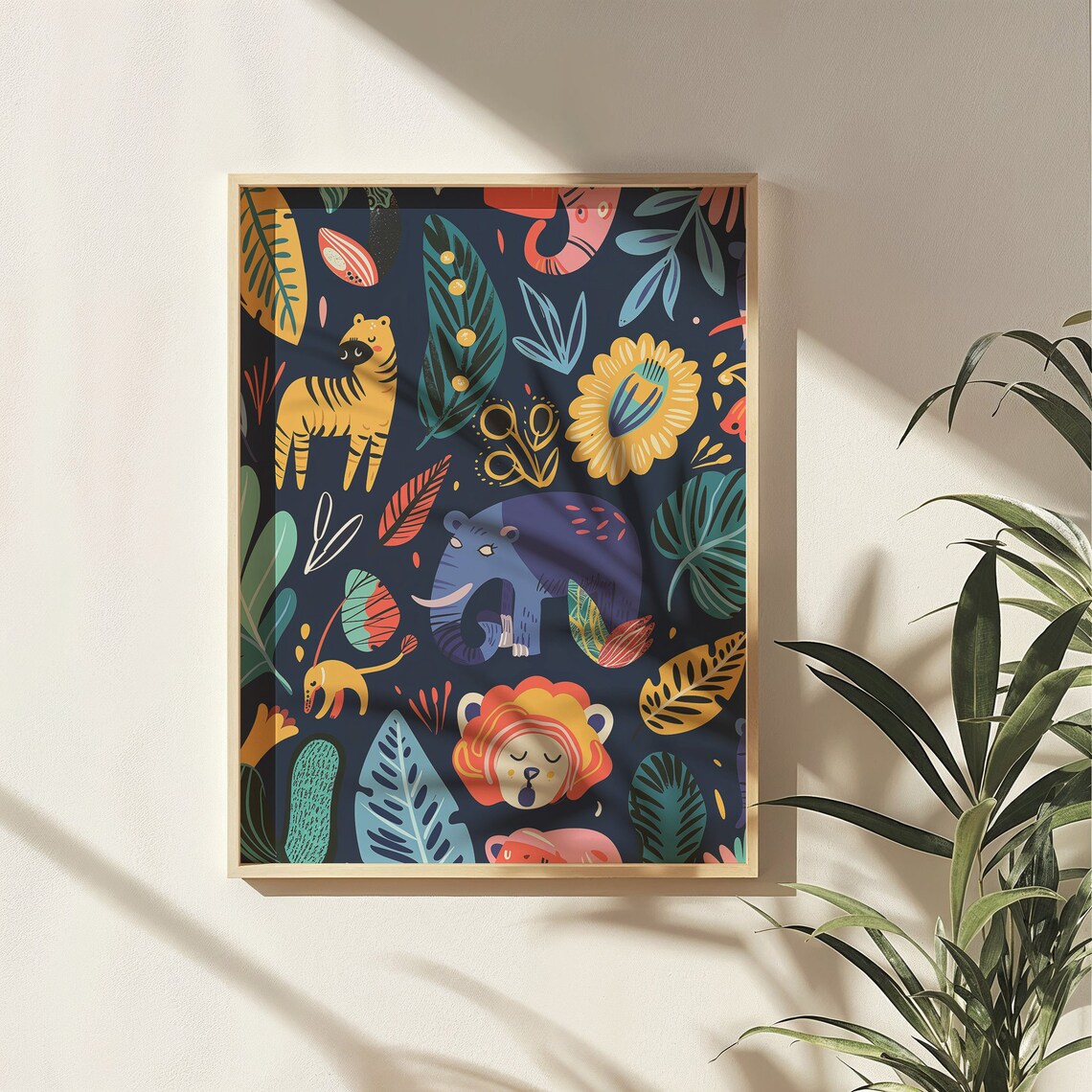 Colorful Jungle Safari Animals Pattern Dark Navy Nursery Wall Art Print - Image 3