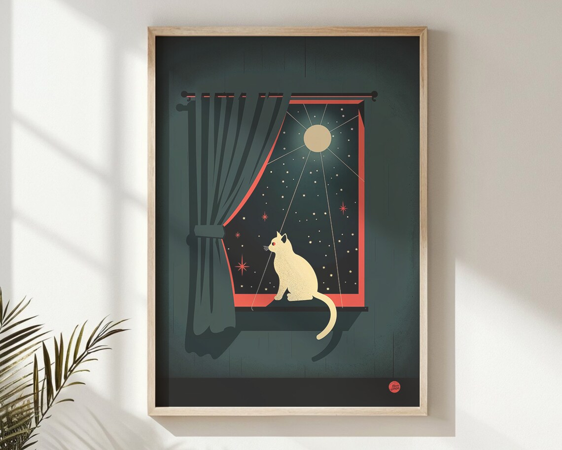 Cat Stargazing At Full Moon Through Window Celestial Nursery Wall Art Poster - Image 6