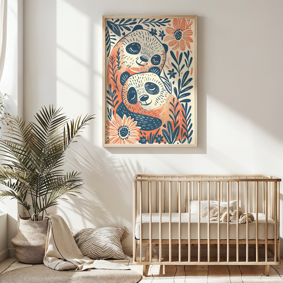 Two Pandas Floral Botanical Illustration Orange Navy Kids Wall Art Poster