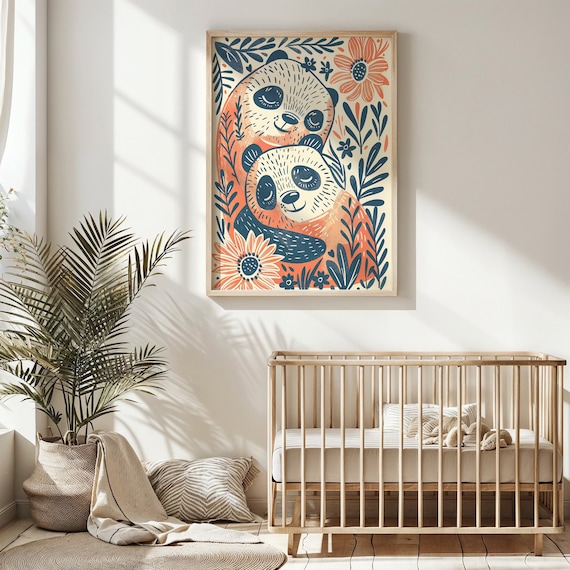 Two Pandas Floral Botanical Illustration Orange Navy Kids Wall Art Poster