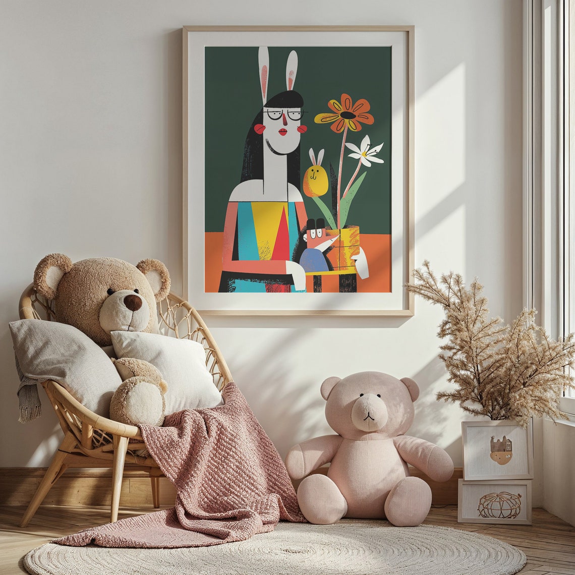 Abstract Bunny Mom With Baby Flowers Bold Modern Kids Poster - Image 2