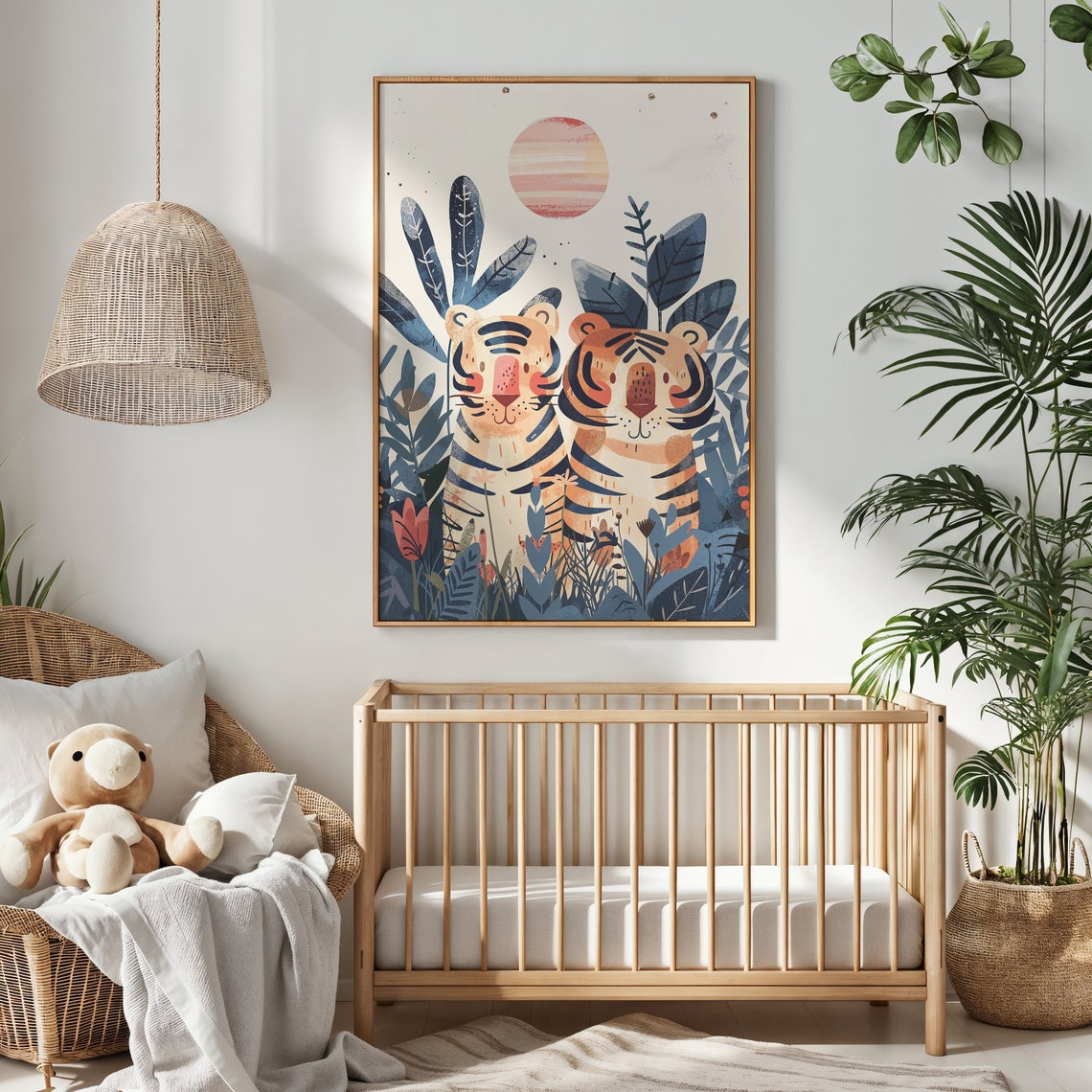 Two Tigers Jungle Nursery Poster Sun Foliage Playful Safari Kids Art - Image 2