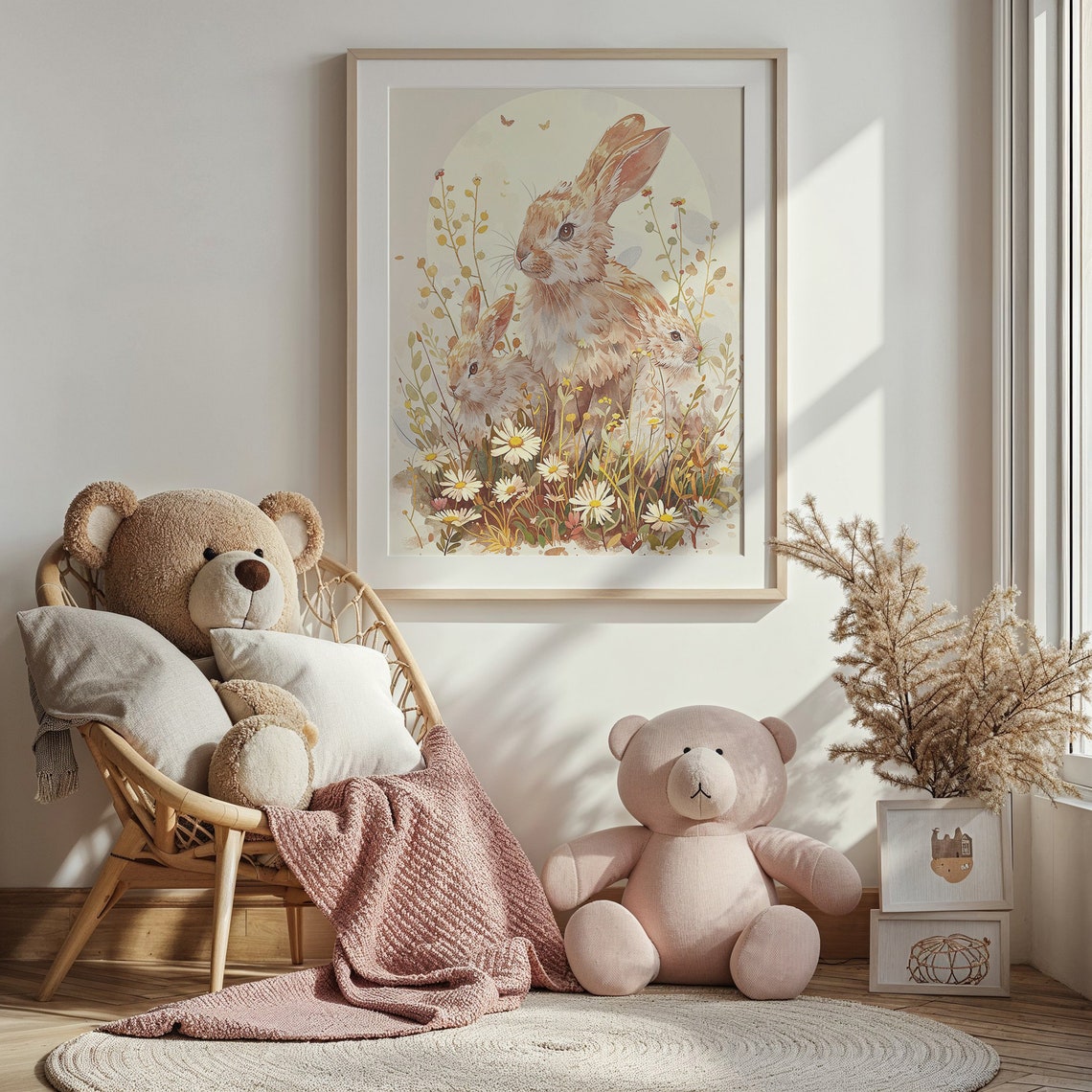 Spring Bunny Watercolor Rabbit With Daisies Floral Easter Art Print - Image 3
