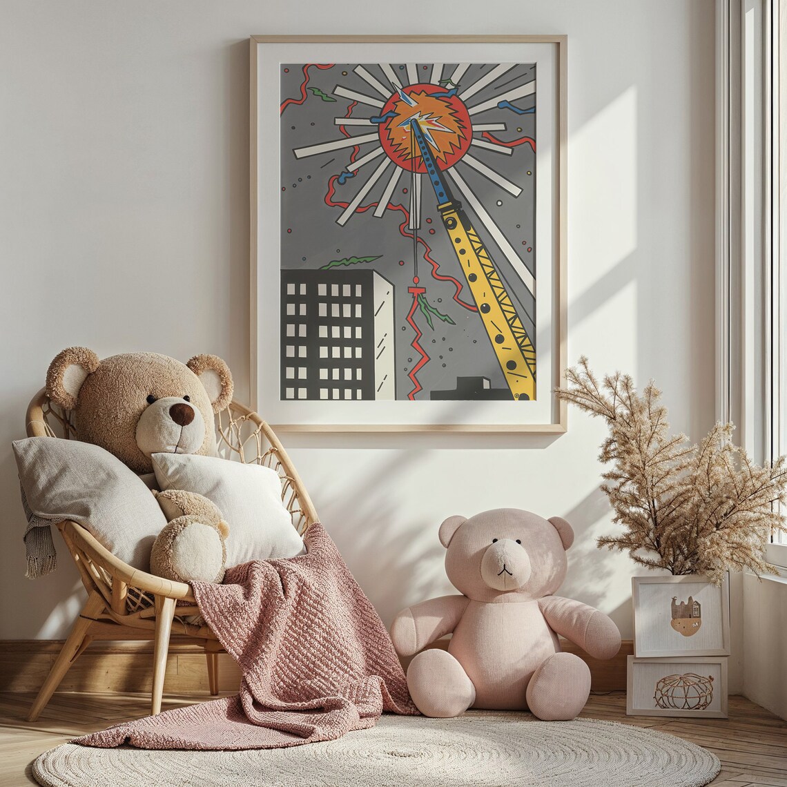 Pop Art Crane Lifting Sun City Building Bold Comic Wall Poster - Image 4