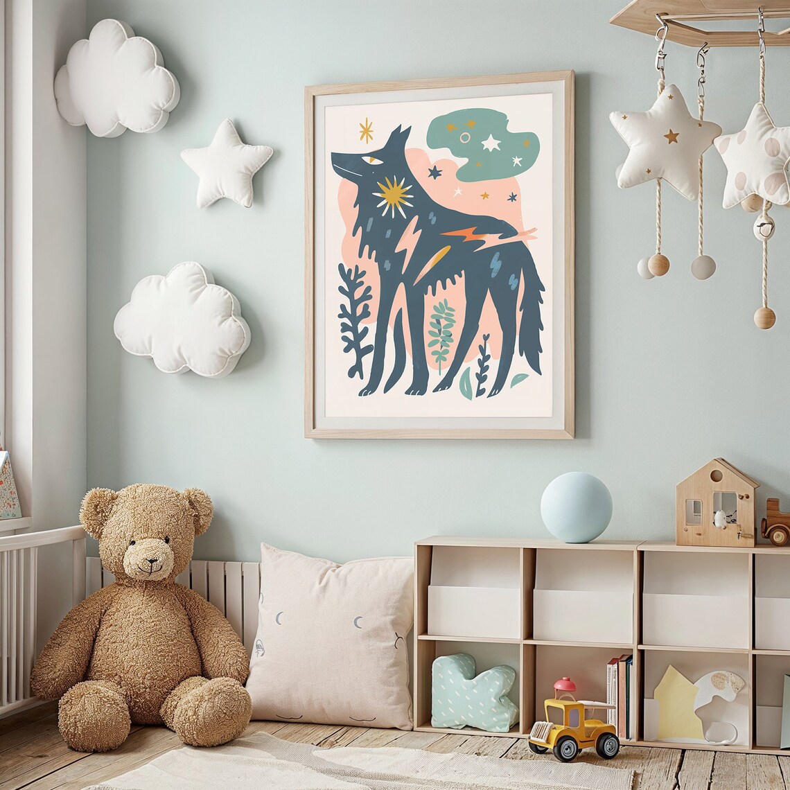 Midnight Wolf Stars Sun Medallion Folk Art Animal Wall Poster - Image 2