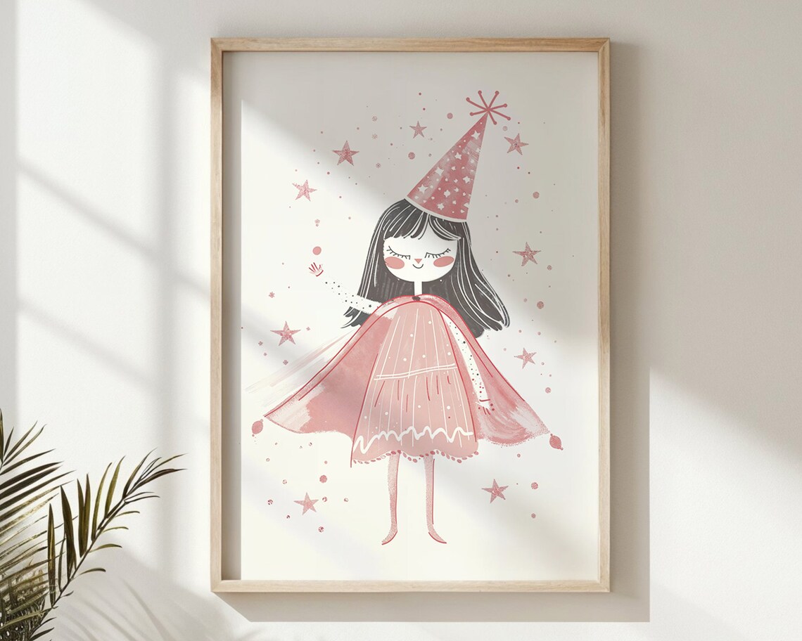 Magical Birthday Girl Pink Party Hat Stars Nursery Watercolor Poster - Image 5