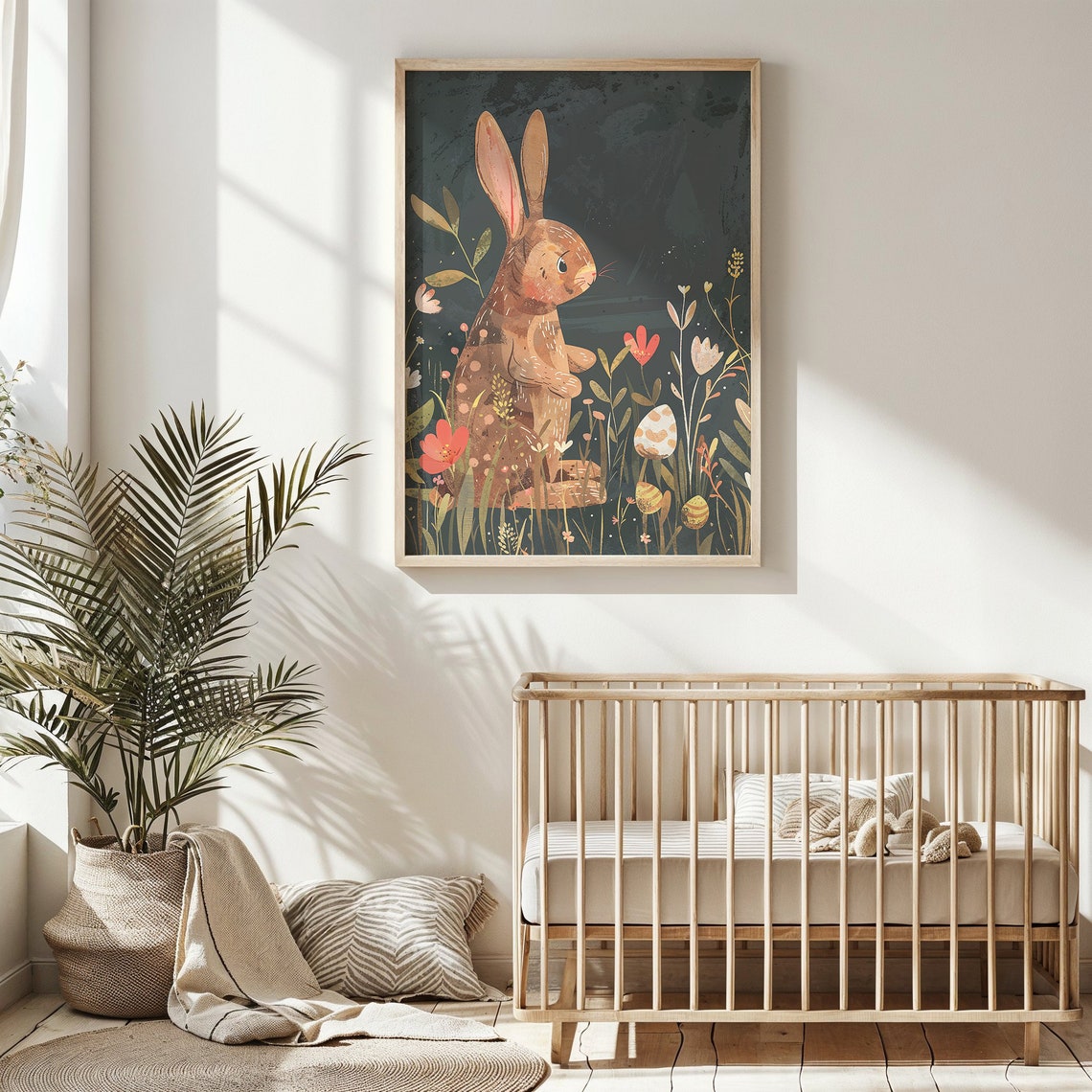 Brown Bunny Standing Dark Meadow Daisies Easter Eggs Folk Poster - Image 4