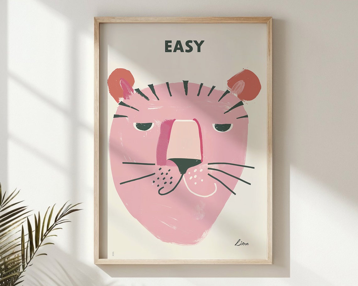 Pink Easy Lion Face Naive Kids Nursery Animal Wall Art Poster