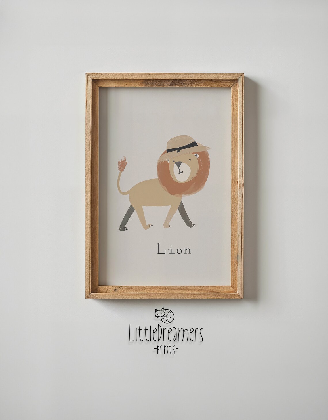 Lion Wearing Safari Hat Gray Background Kids Nursery Bedroom Art Poster - Image 5