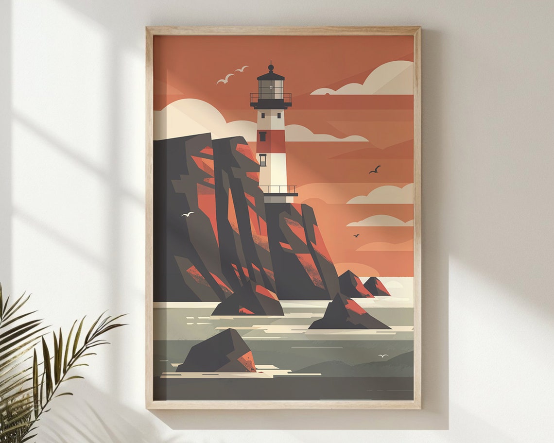 Lighthouse Red Cliffs Rocky Islets Orange Sky Seagulls Vintage Poster