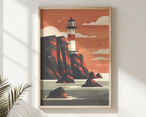 Coastal Lighthouse Wall Print Nautical Nursery Wall Art Kids Maritime Poster Seaside Decor Gift Ocean Landscape Nursery Decor