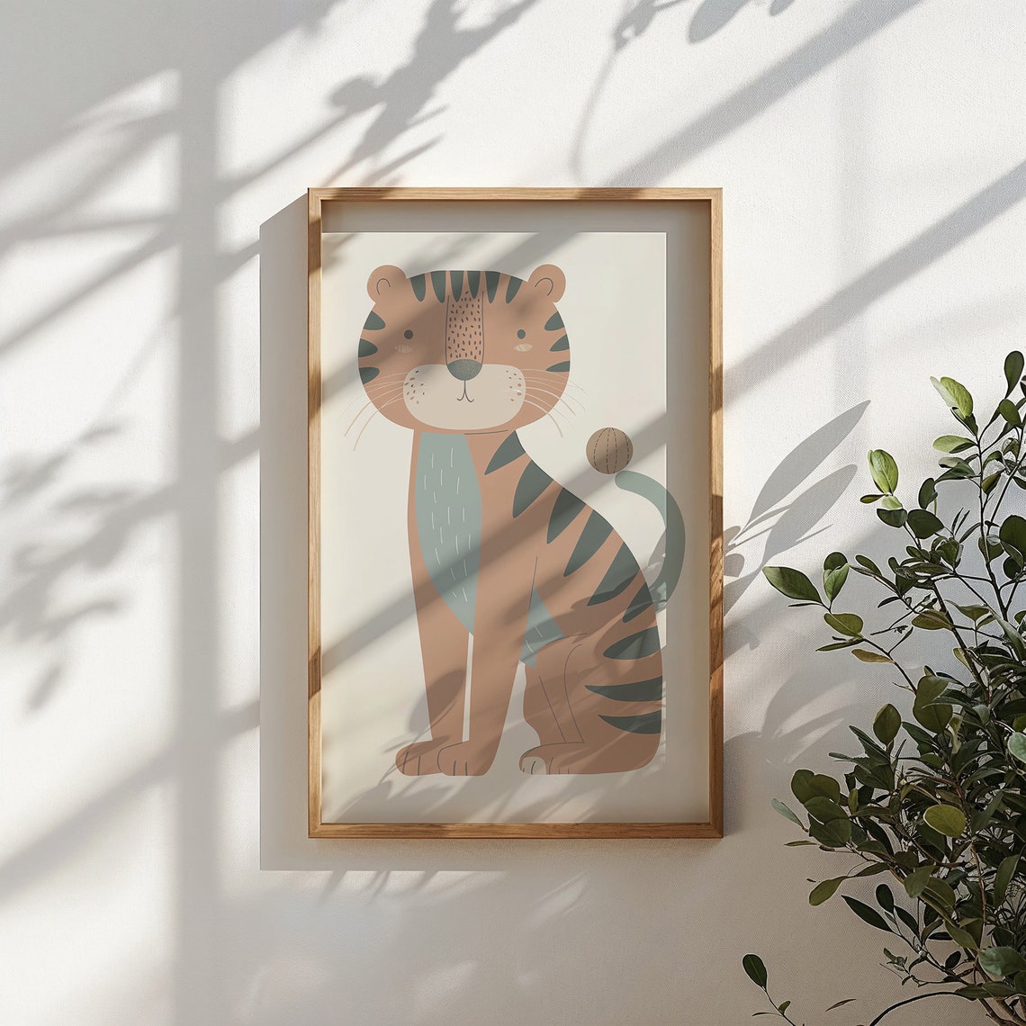 Cute Sitting Tiger Cub Sage Green Stripes Neutral Kids Wall Art Poster - Image 5