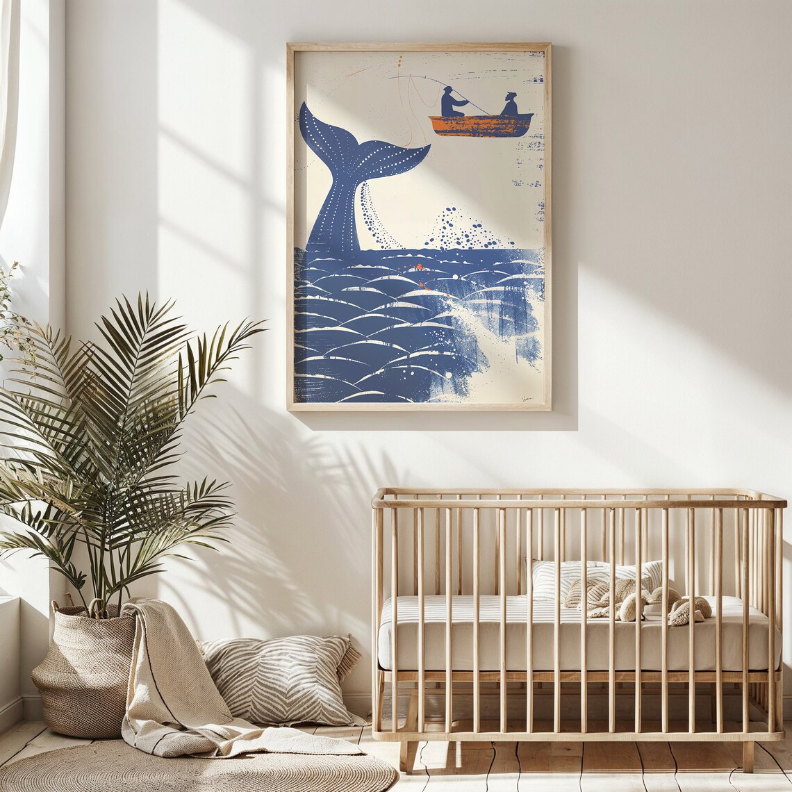 Whale Tail Two Fishermen Orange Boat Blue Cream Nautical Art Poster
