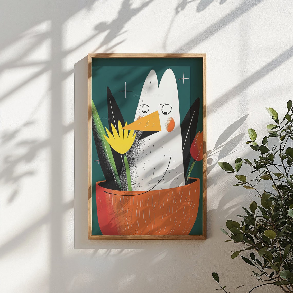 Quirky Chicken Flower Pot Tulips Bold Cartoon Kids Room Poster - Image 4