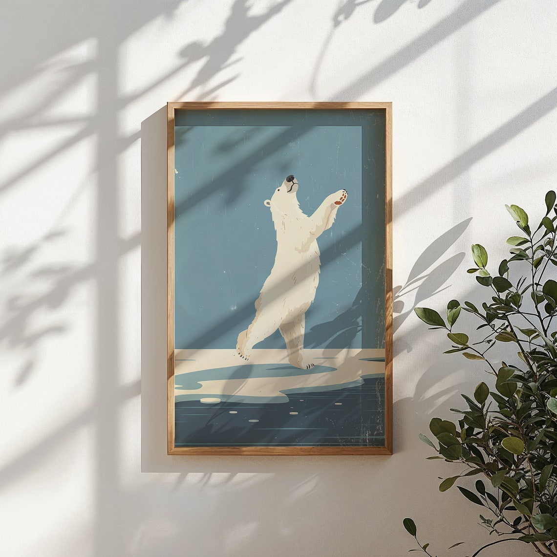 Joyful Polar Bear Reaching Up Ice Floe Blue Sky Arctic Art Poster - Image 5