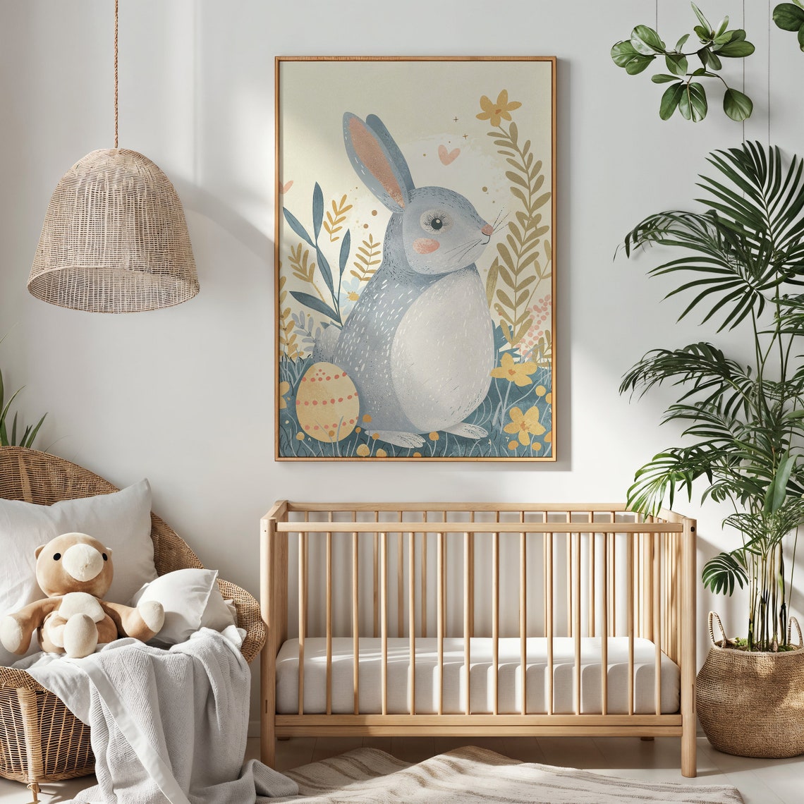 Cute Blue Bunny With Dotted Easter Egg Yellow Flowers Kids Art Print - Image 2
