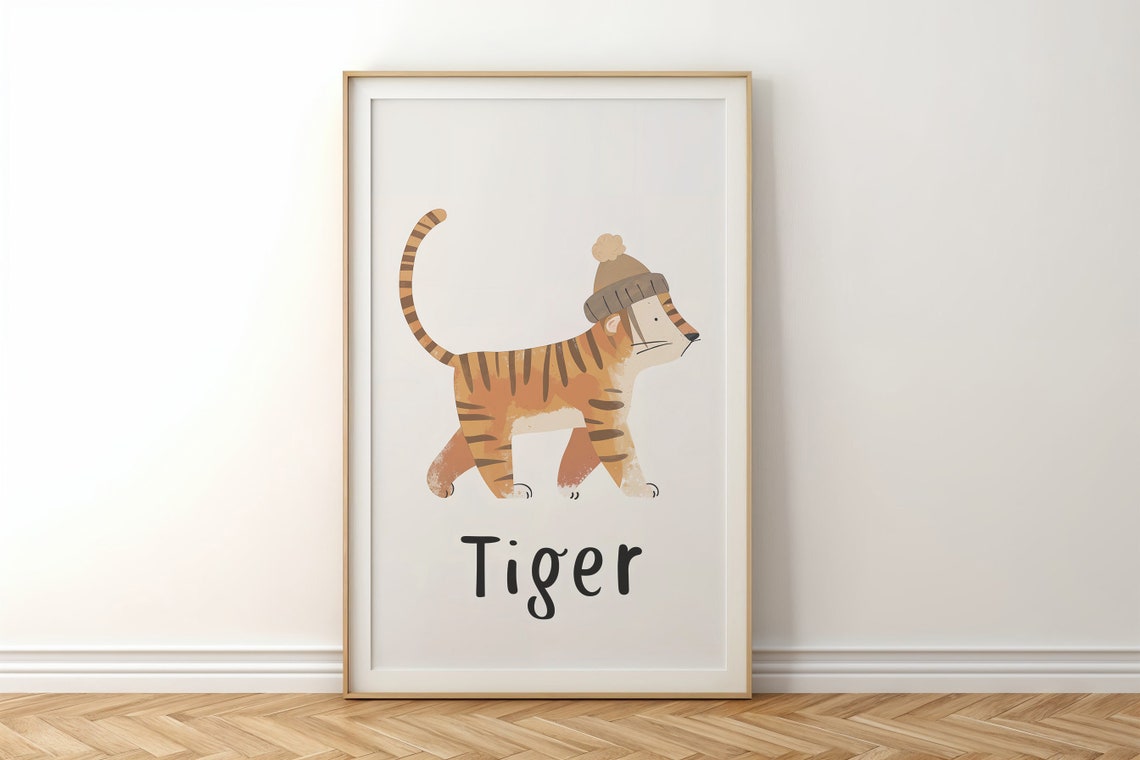 Tiger Wearing Pom Beanie Hat White Kids Nursery Bedroom Art Poster - Image 5