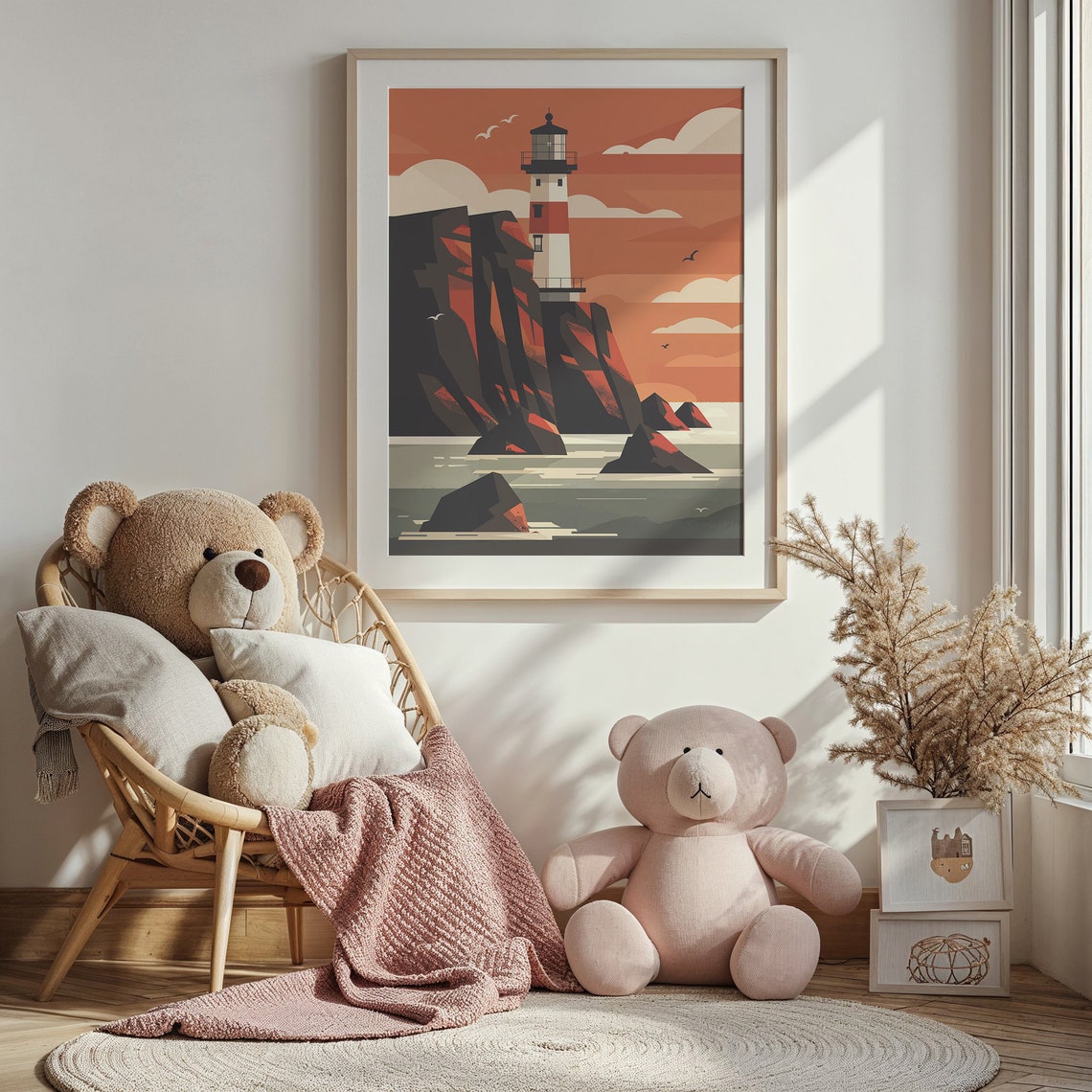 Lighthouse Red Cliffs Rocky Islets Orange Sky Seagulls Vintage Poster - Image 3