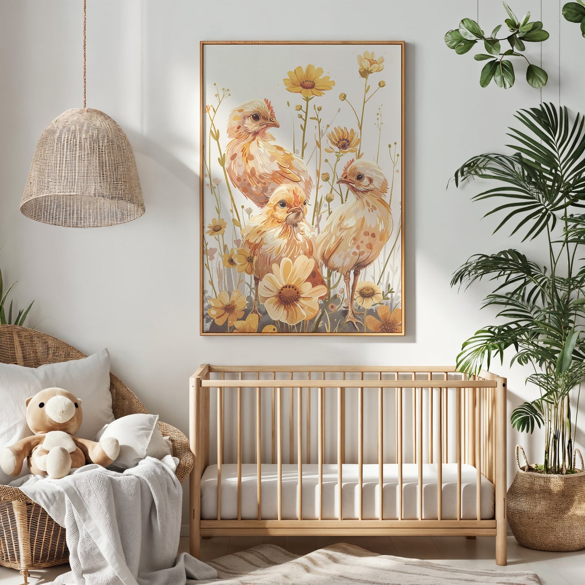 Three Baby Chicks Yellow Daisy Garden Watercolor Spring Nursery Poster - Image 2