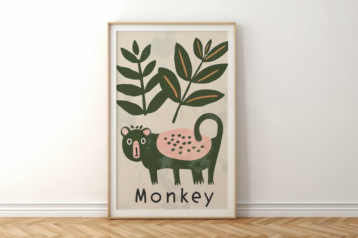 Green Monkey Pink Spotted Belly Tropical Leaves Kids Jungle Poster - Image 6