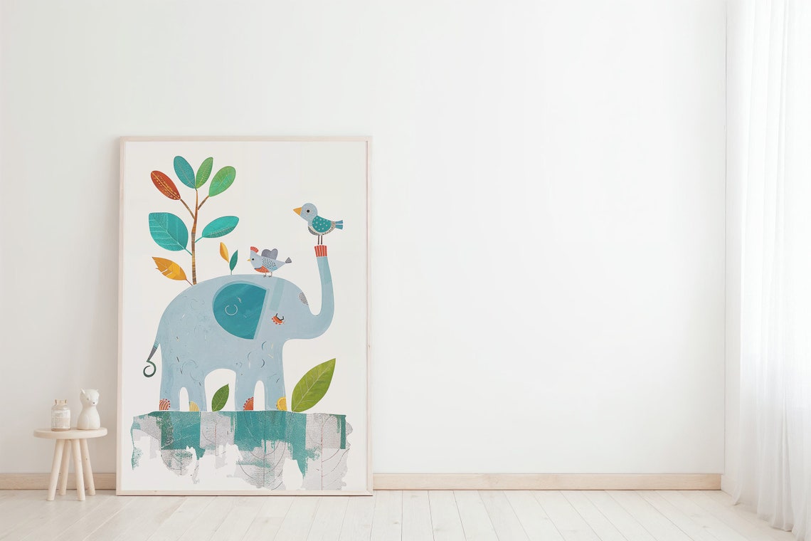 Light Blue Elephant With Birds Colorful Leaves Nursery Poster - Image 3
