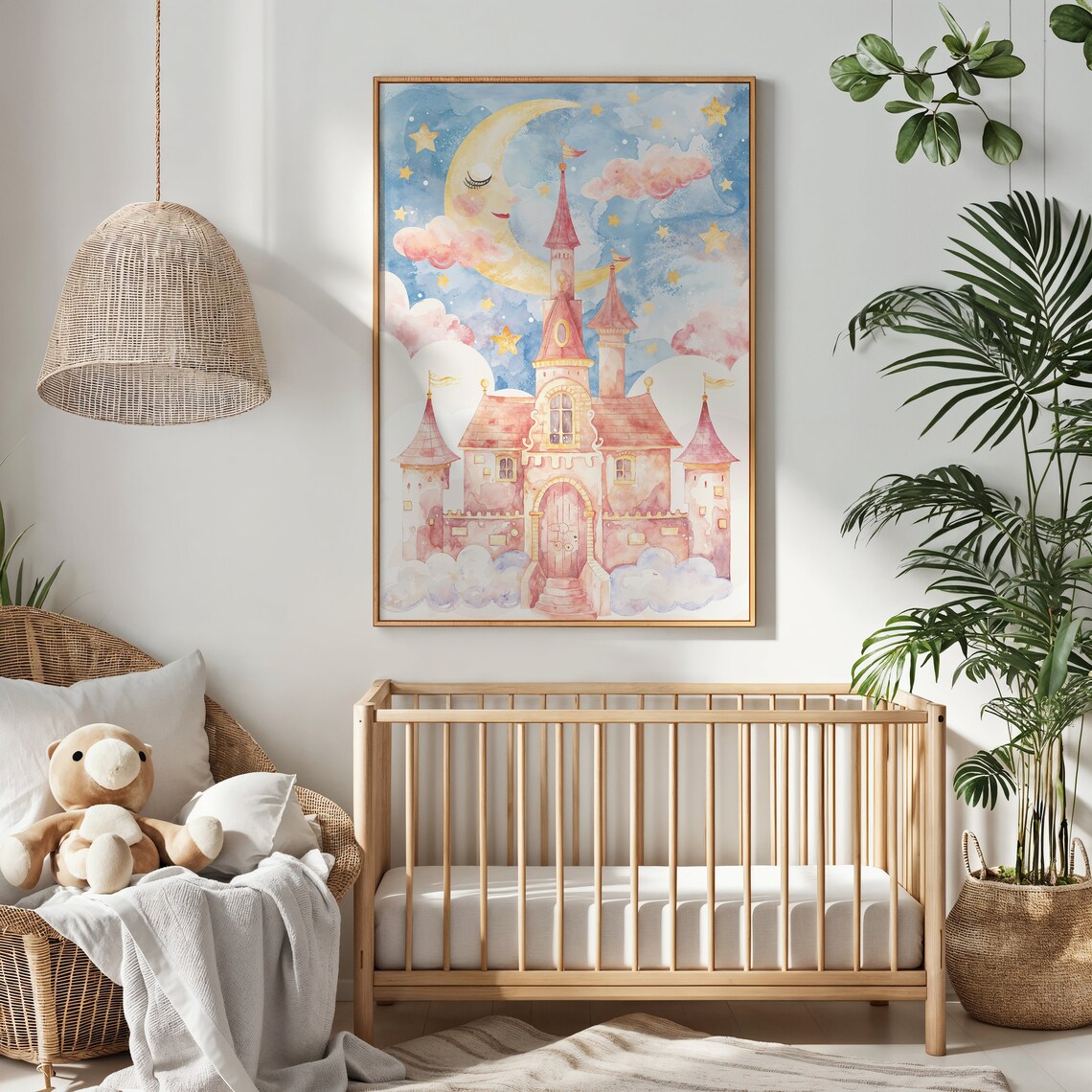 Pink Fairytale Castle Sleeping Moon Watercolor Nursery Wall Poster - Image 2