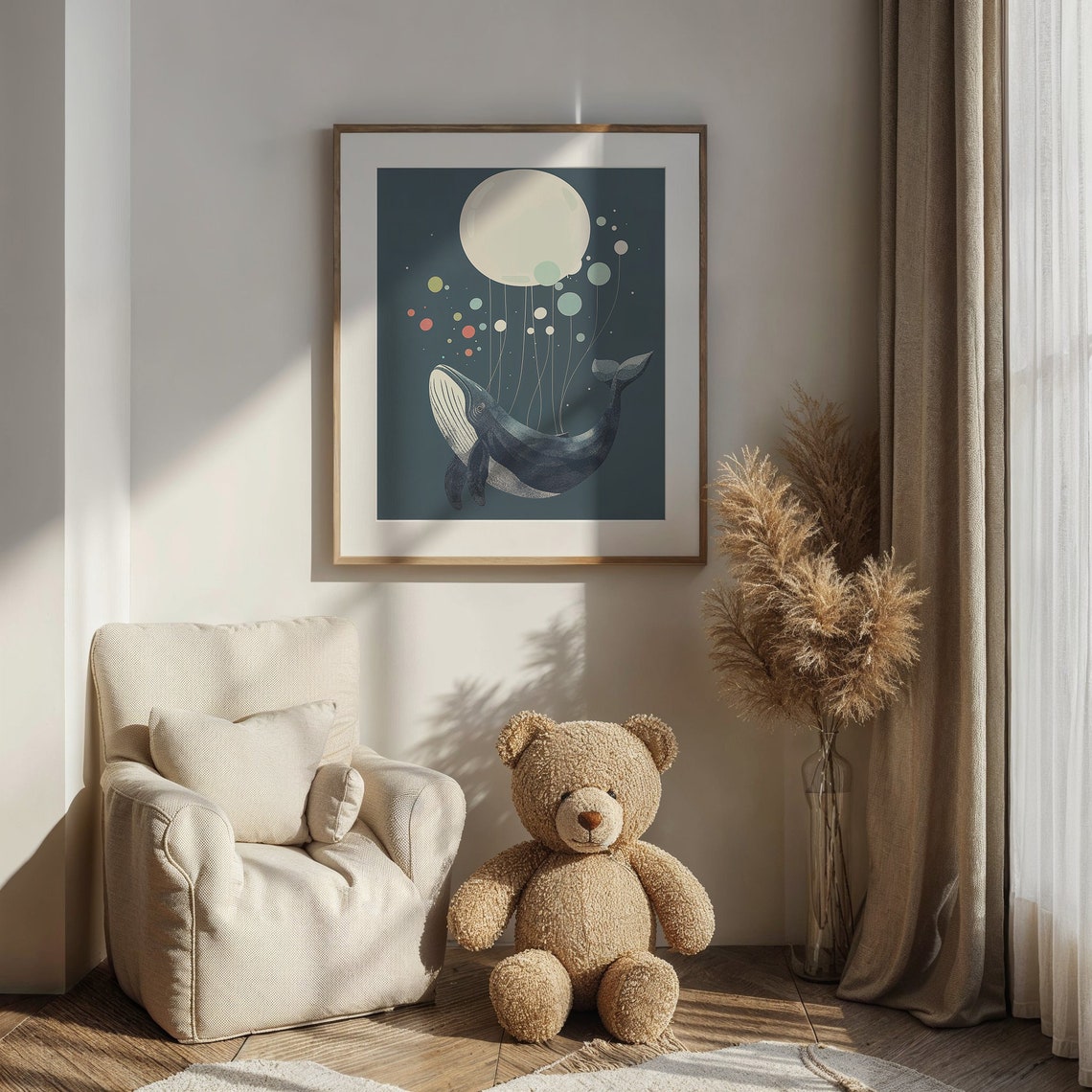 Humpback Whale Carried By Balloons Deep Teal Ocean Nursery Poster - Image 4