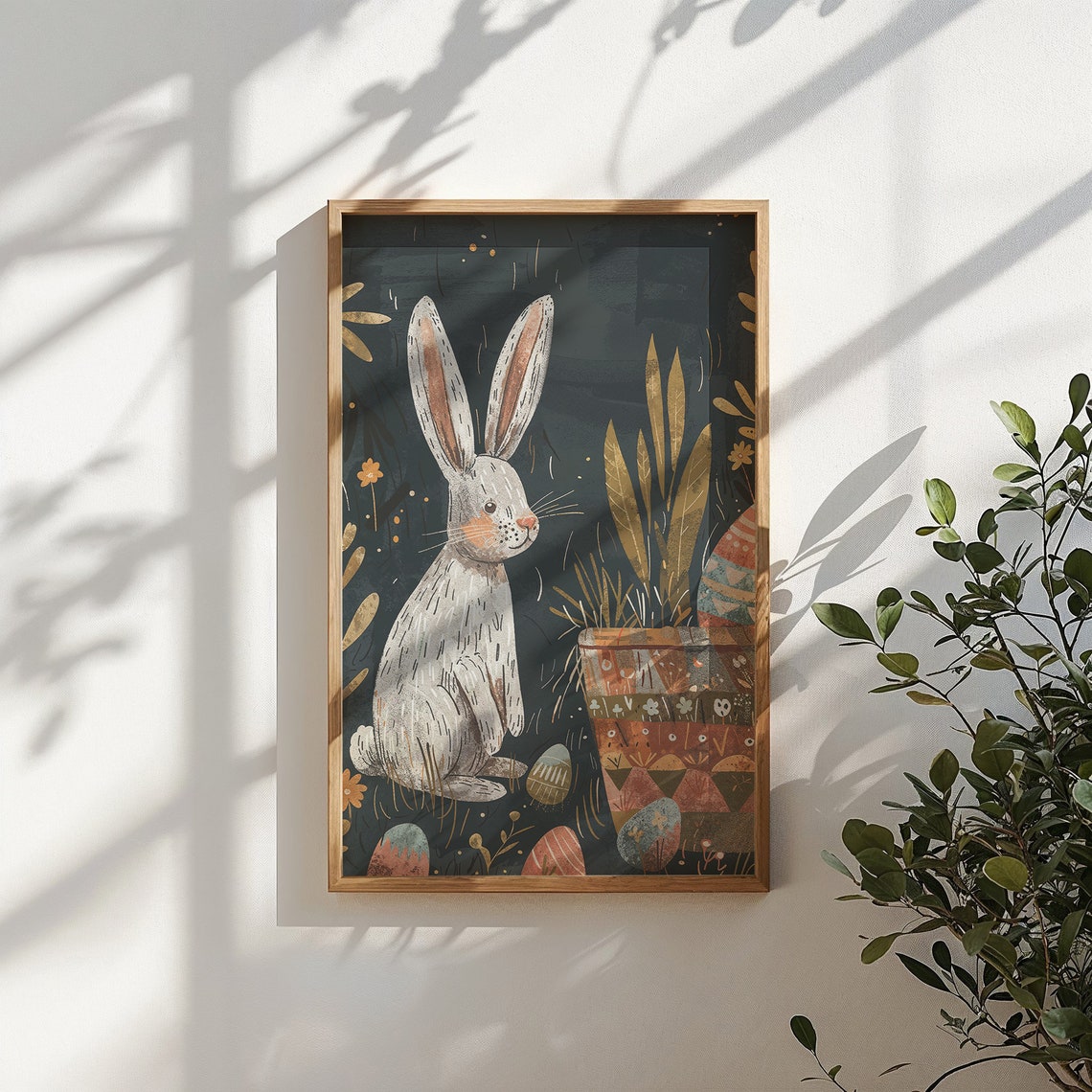 White Bunny Patterned Egg Pot Golden Garden Dark Nursery Poster - Image 5