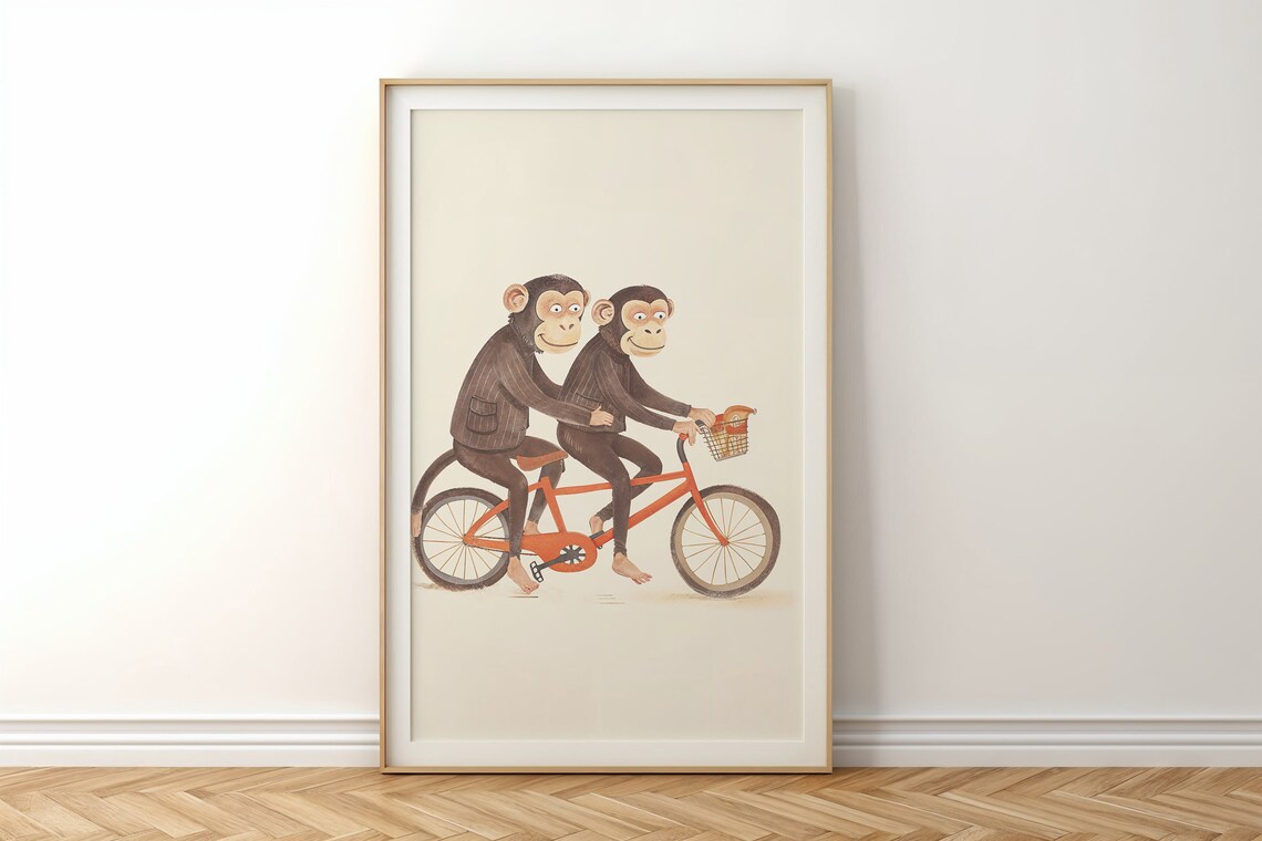 Two Monkeys Riding Tandem Bicycle Watercolor Nursery Kids Room Poster