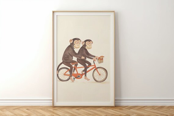 Two Monkeys Riding Tandem Bicycle Watercolor Nursery Kids Room Poster